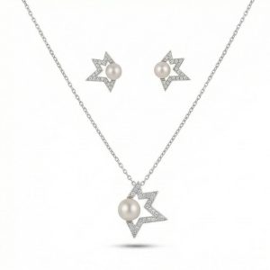 AGOR 925 Sterling Silver Star Outline Pearl Pendant Necklace and Earrings Set Jewellery