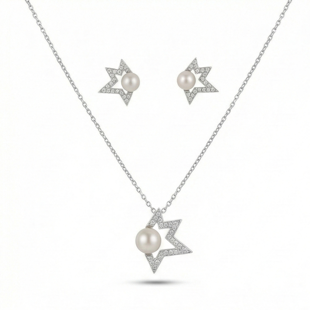 925 Sterling Silver Star Outline Pearl Pendant Necklace and Earrings Set Jewellery