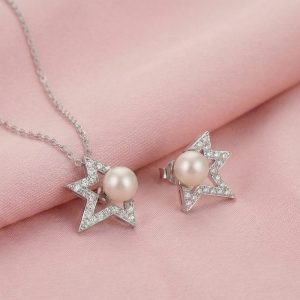 AGOR 925 Sterling Silver Star Outline Pearl Pendant Necklace and Earrings Set Jewellery