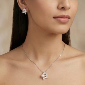 AGOR 925 Sterling Silver Star Outline Pearl Pendant Necklace and Earrings Set Jewellery