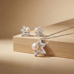 AGOR 925 Sterling Silver Star Outline Pearl Pendant Necklace and Earrings Set Jewellery