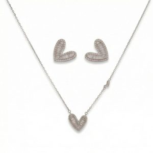 AGOR 925 Sterling Silver Stylized Heart Pendant Necklace and Earring Set Jewellery