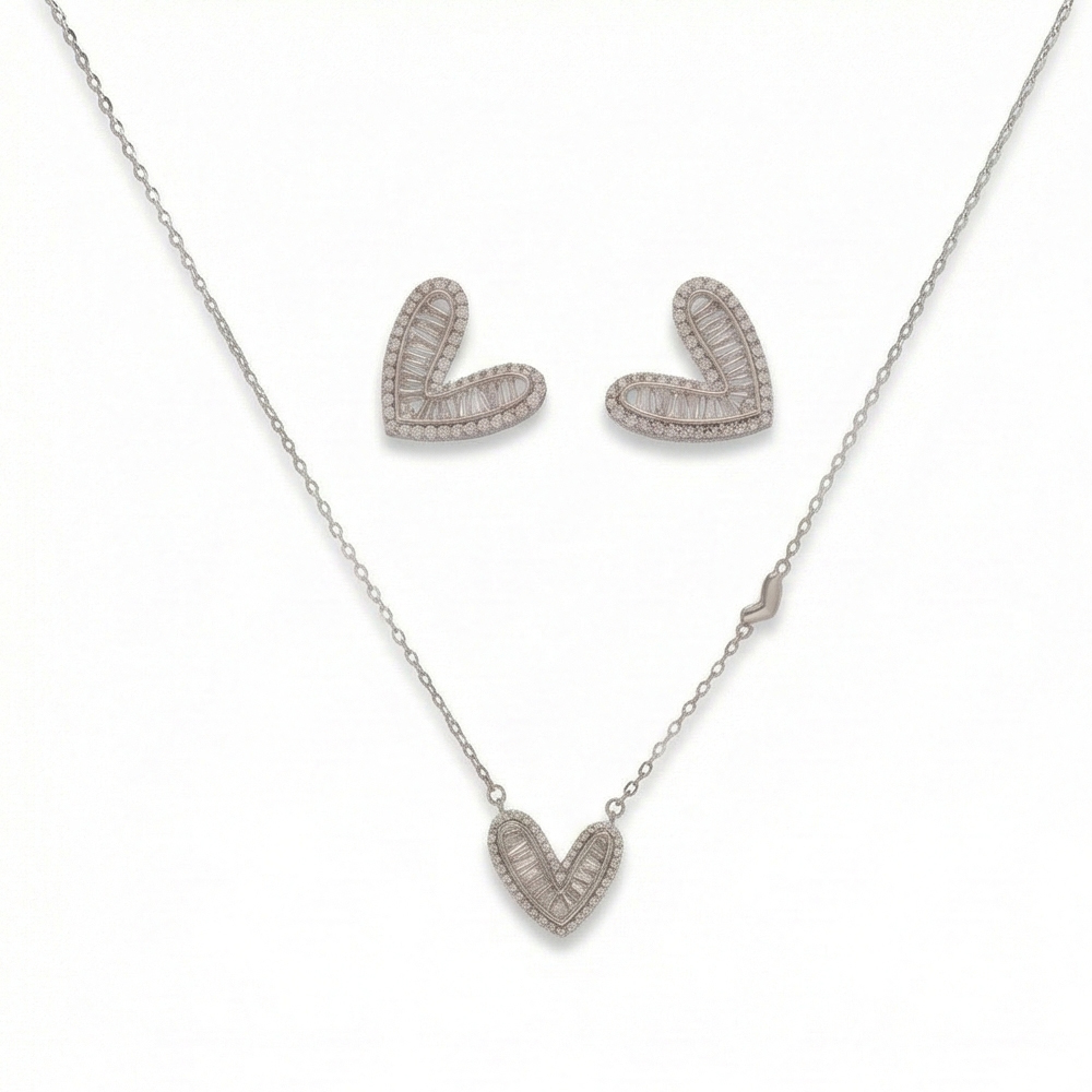 925 Sterling Silver Stylized Heart Pendant Necklace and Earring Set Jewellery