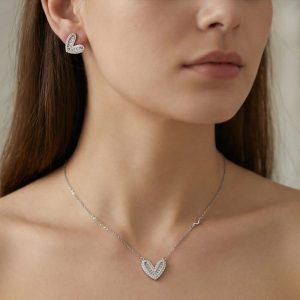 AGOR 925 Sterling Silver Stylized Heart Pendant Necklace and Earring Set Jewellery