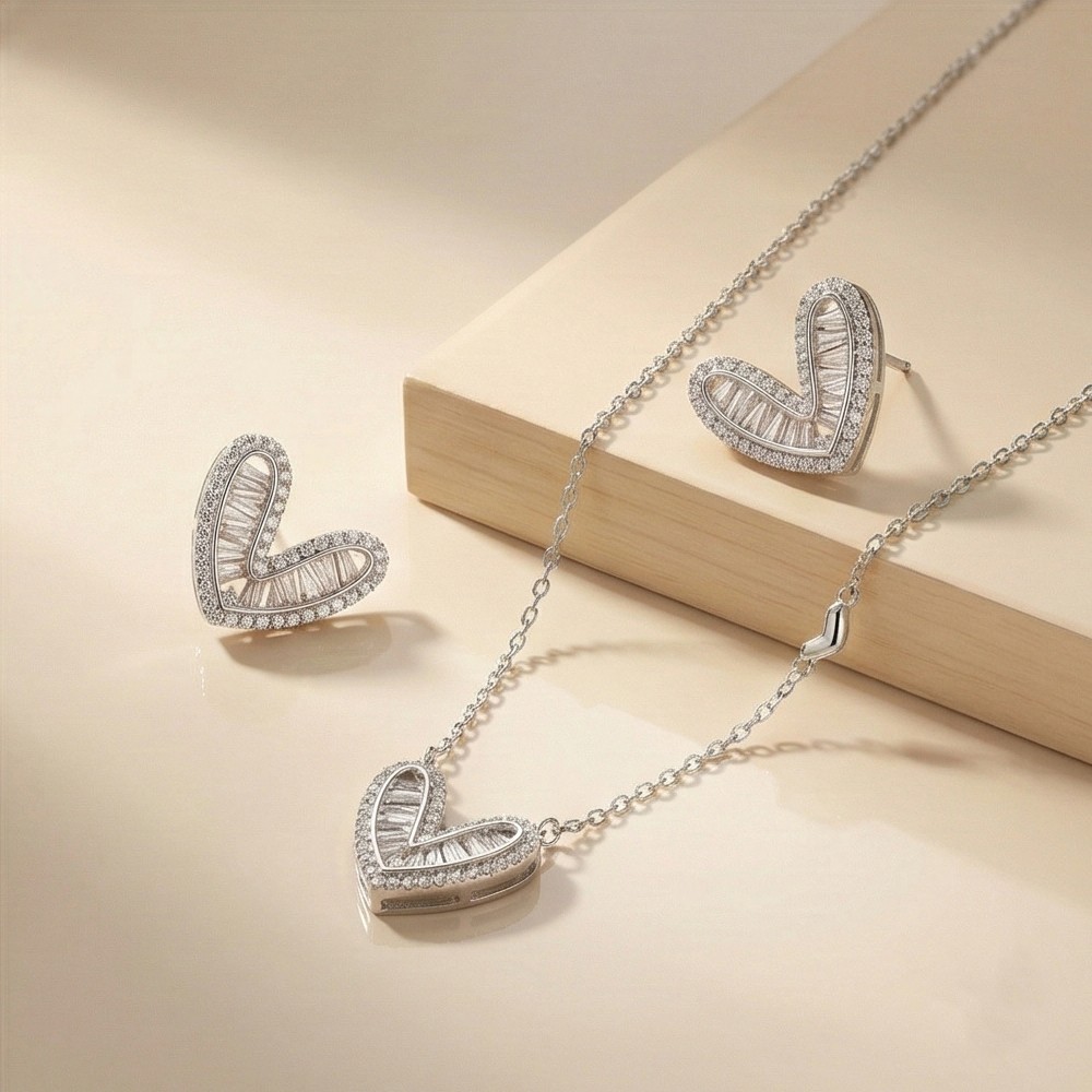 925 Sterling Silver Stylized Heart Pendant Necklace and Earring Set Jewellery