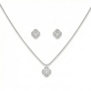 AGOR 925 Sterling Silver Four Leaf Clover Pendant Necklace and Stud Earrings Set High Polish Rhodium Finish Jewellery