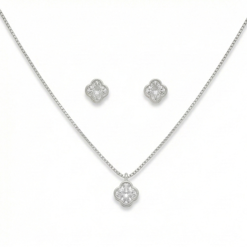 925 Sterling Silver Four Leaf Clover Pendant Necklace and Stud Earrings Set High Polish Rhodium Finish Jewellery