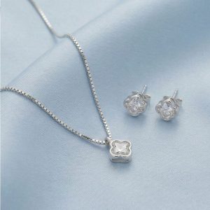 AGOR 925 Sterling Silver Four Leaf Clover Pendant Necklace and Stud Earrings Set High Polish Rhodium Finish Jewellery