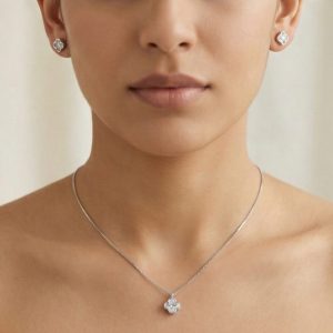 AGOR 925 Sterling Silver Four Leaf Clover Pendant Necklace and Stud Earrings Set High Polish Rhodium Finish Jewellery