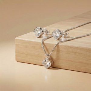 AGOR 925 Sterling Silver Four Leaf Clover Pendant Necklace and Stud Earrings Set High Polish Rhodium Finish Jewellery