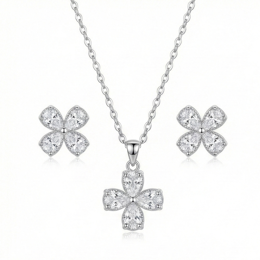 925 Sterling Silver Sparkling Floral Clover Pendant and Earring Set High Polish Jewellery for Women