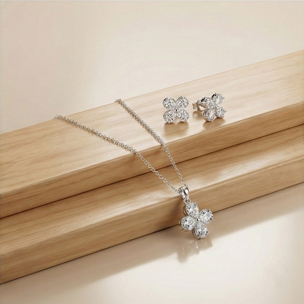 925 Sterling Silver Sparkling Floral Clover Pendant and Earring Set High Polish Jewellery for Women