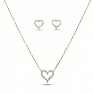 AGOR 925 Sterling Silver Open Heart Chain Pendant Necklace and Stud Earrings Set, Yellow Gold Plated Minimalist Jewellery for Women