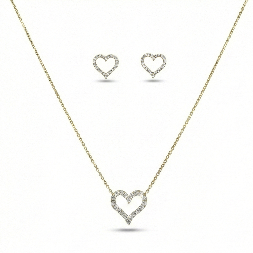 925 Sterling Silver Open Heart Chain Pendant Necklace and Stud Earrings Set, Yellow Gold Plated Minimalist Jewellery for Women