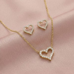AGOR 925 Sterling Silver Open Heart Chain Pendant Necklace and Stud Earrings Set, Yellow Gold Plated Minimalist Jewellery for Women