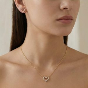 AGOR 925 Sterling Silver Open Heart Chain Pendant Necklace and Stud Earrings Set, Yellow Gold Plated Minimalist Jewellery for Women
