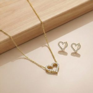 AGOR 925 Sterling Silver Open Heart Chain Pendant Necklace and Stud Earrings Set, Yellow Gold Plated Minimalist Jewellery for Women