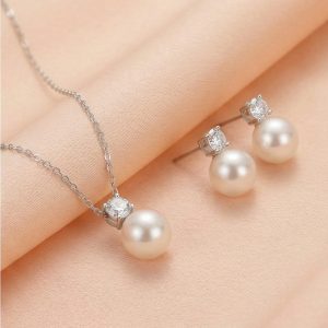 AGOR 925 Sterling Silver Elegant Pearl Drop Pendant Necklace and Stud Earrings Set Jewellery with High Polish Rhodium Finish