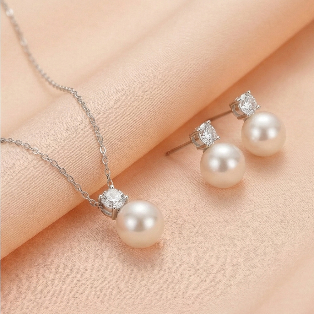 925 Sterling Silver Elegant Pearl Drop Pendant Necklace and Stud Earrings Set Jewellery with High Polish Rhodium Finish