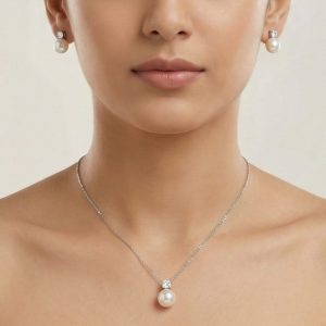 AGOR 925 Sterling Silver Elegant Pearl Drop Pendant Necklace and Stud Earrings Set Jewellery with High Polish Rhodium Finish