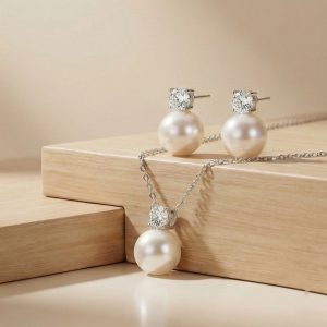 AGOR 925 Sterling Silver Elegant Pearl Drop Pendant Necklace and Stud Earrings Set Jewellery with High Polish Rhodium Finish