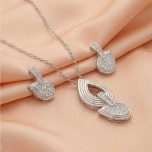 AGOR 925 Sterling Silver Modern Abstract Loop Pendant Necklace and Earrings Set Jewellery for Women