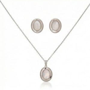 AGOR 925 Sterling Silver Oval White Shell Stone Pendant Necklace and Earrings Set Jewellery High Polish