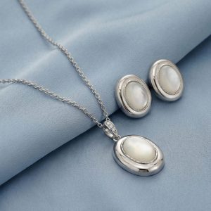 AGOR 925 Sterling Silver Oval White Shell Stone Pendant Necklace and Earrings Set Jewellery High Polish