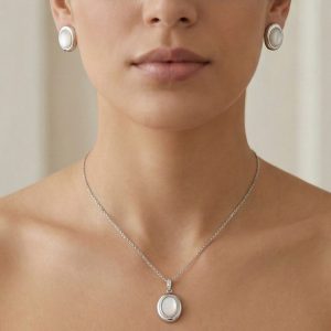 AGOR 925 Sterling Silver Oval White Shell Stone Pendant Necklace and Earrings Set Jewellery High Polish