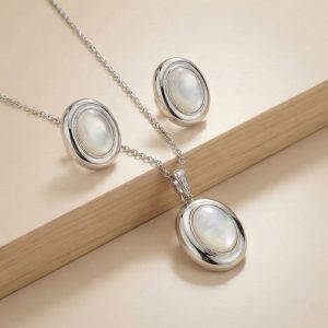 AGOR 925 Sterling Silver Oval White Shell Stone Pendant Necklace and Earrings Set Jewellery High Polish
