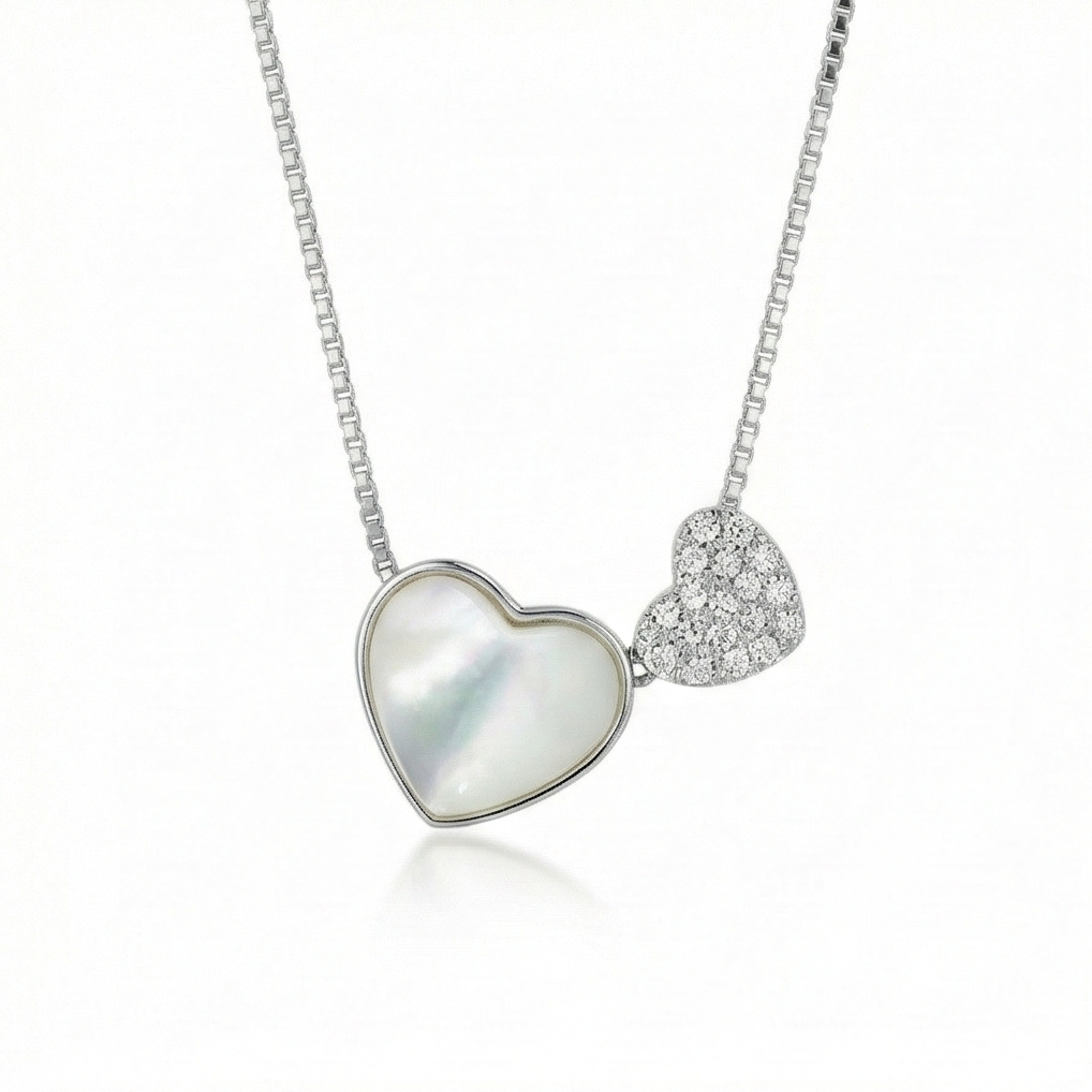 925 Sterling Silver Mother of Pearl Double Heart Pendant Necklace Jewellery for Women