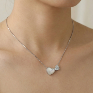 AGOR 925 Sterling Silver Mother of Pearl Double Heart Pendant Necklace Jewellery for Women