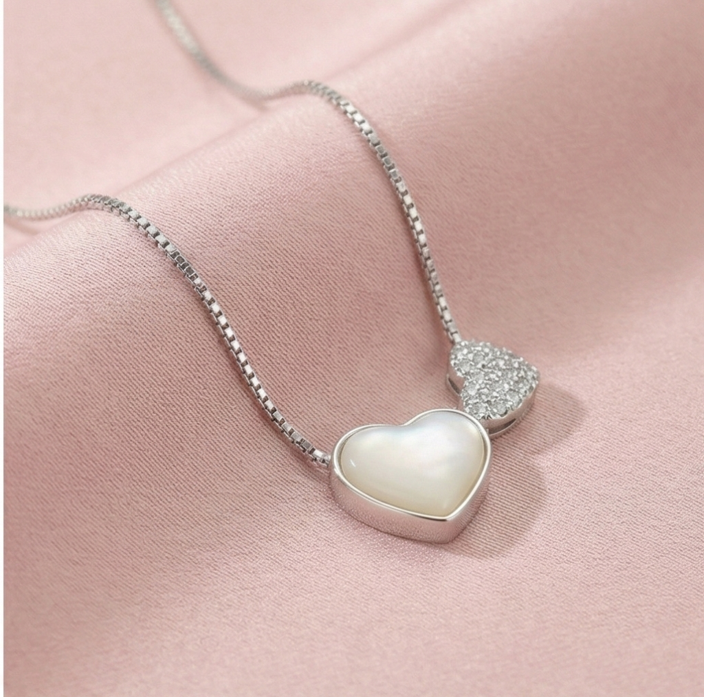 AGOR 925 Sterling Silver Mother of Pearl Double Heart Pendant Necklace Jewellery for Women