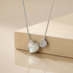 AGOR 925 Sterling Silver Mother of Pearl Double Heart Pendant Necklace Jewellery for Women