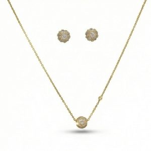 AGOR 925 Sterling Silver Pave Orb Pendant Necklace and Stud Earrings Set Yellow Gold Plated Jewellery