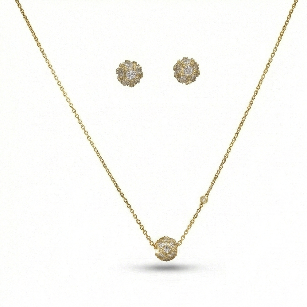 925 Sterling Silver Pave Orb Pendant Necklace and Stud Earrings Set Yellow Gold Plated Jewellery