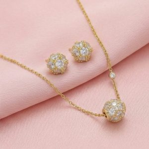 AGOR 925 Sterling Silver Pave Orb Pendant Necklace and Stud Earrings Set Yellow Gold Plated Jewellery
