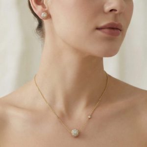 AGOR 925 Sterling Silver Pave Orb Pendant Necklace and Stud Earrings Set Yellow Gold Plated Jewellery