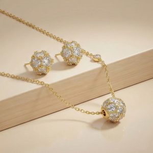 AGOR 925 Sterling Silver Pave Orb Pendant Necklace and Stud Earrings Set Yellow Gold Plated Jewellery