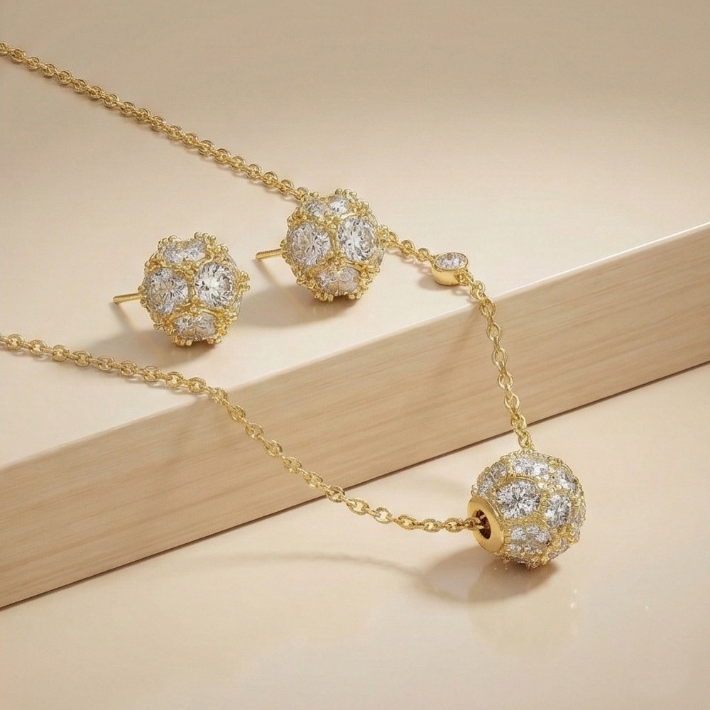 925 Sterling Silver Pave Orb Pendant Necklace and Stud Earrings Set Yellow Gold Plated Jewellery