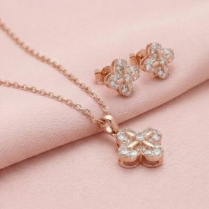 AGOR 925 Sterling Silver Rose Gold Plated Floral Clover Pendant and Earring Set Jewellery for Women