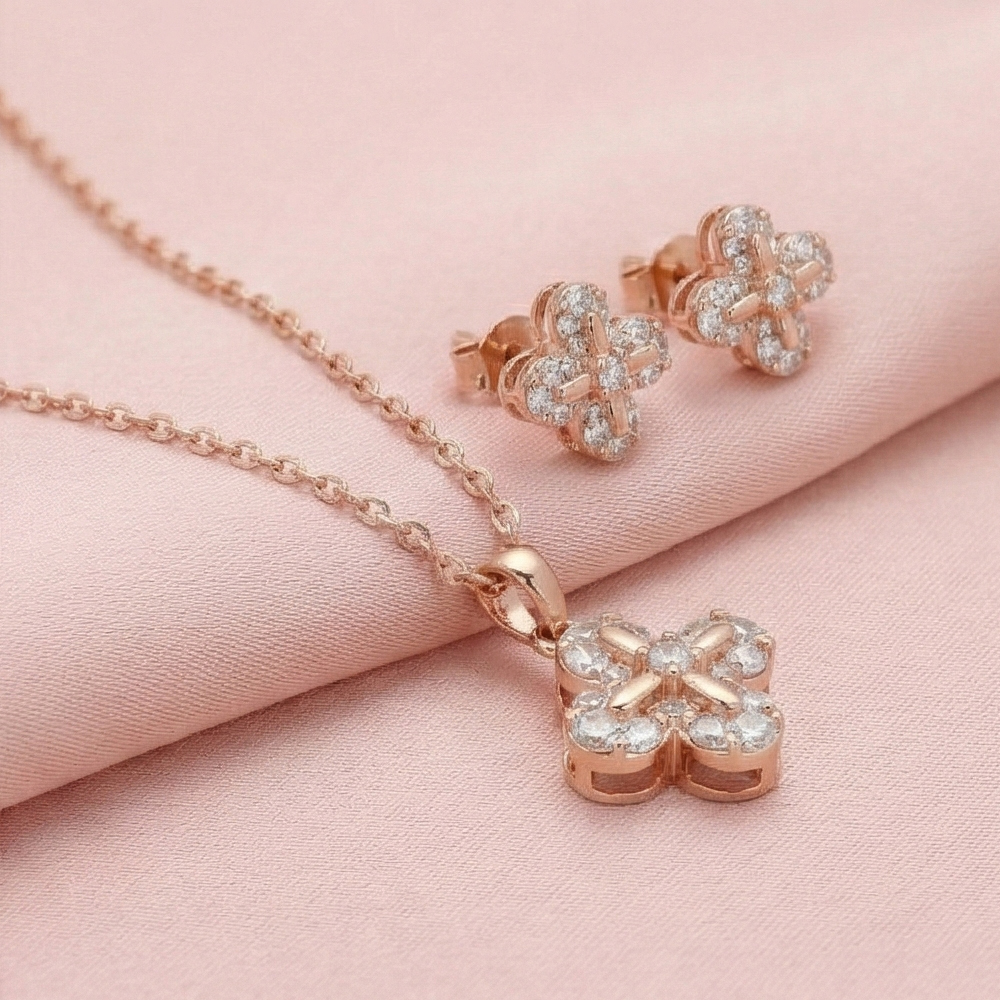 925 Sterling Silver Rose Gold Plated Floral Clover Pendant and Earring Set Jewellery for Women