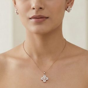 AGOR 925 Sterling Silver Rose Gold Plated Floral Clover Pendant and Earring Set Jewellery for Women