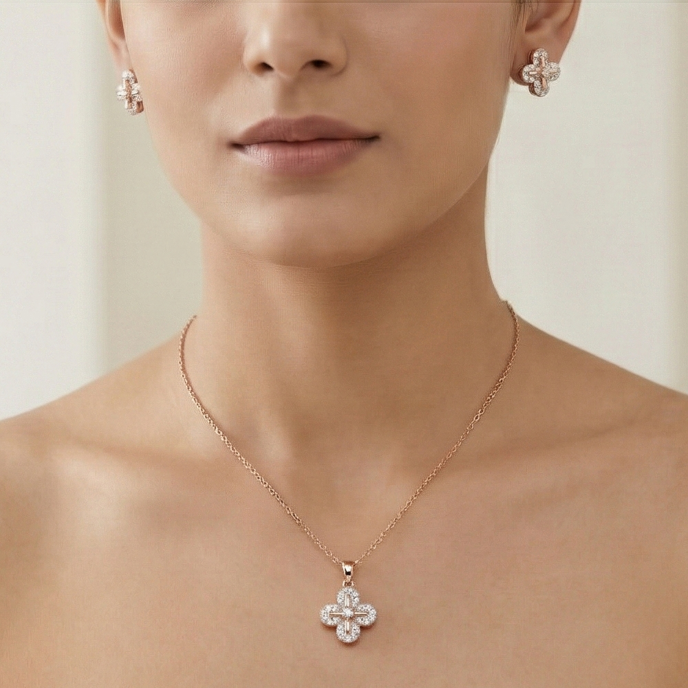 925 Sterling Silver Rose Gold Plated Floral Clover Pendant and Earring Set Jewellery for Women