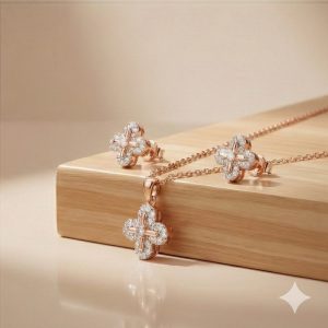AGOR 925 Sterling Silver Rose Gold Plated Floral Clover Pendant and Earring Set Jewellery for Women