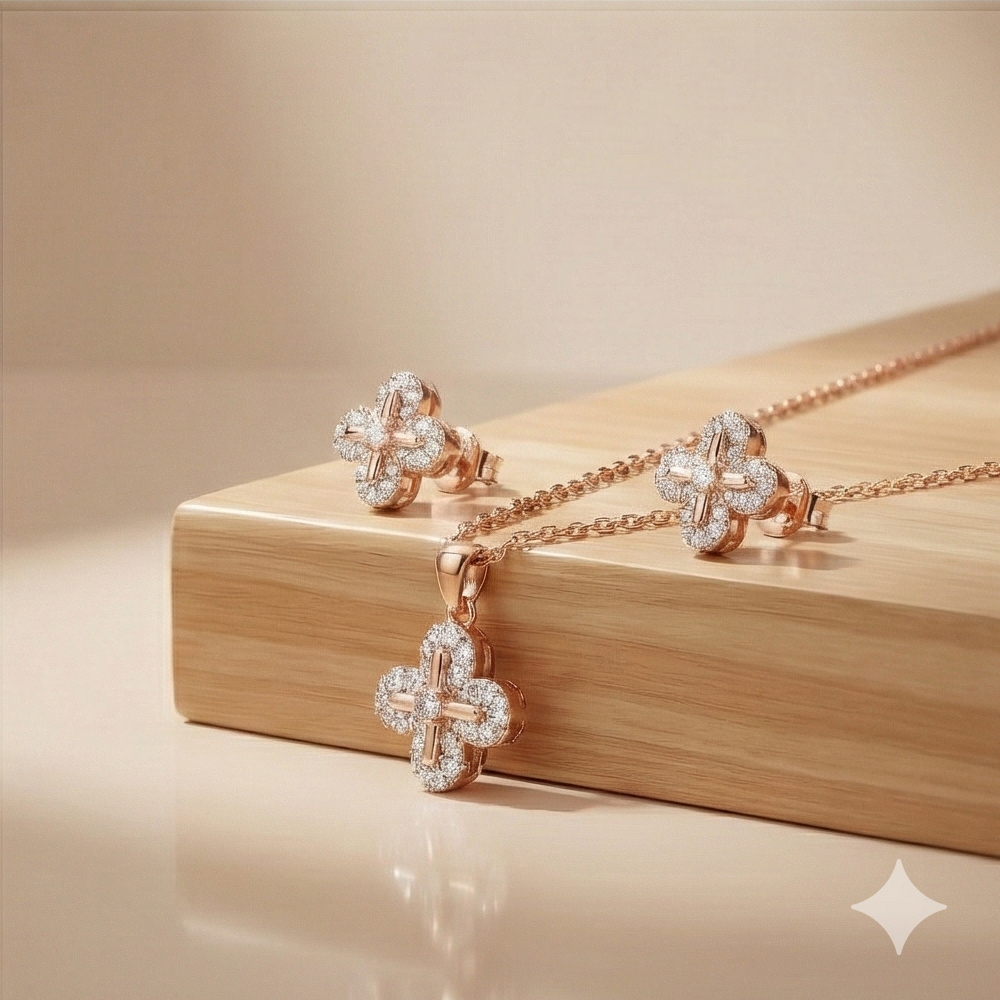 925 Sterling Silver Rose Gold Plated Floral Clover Pendant and Earring Set Jewellery for Women