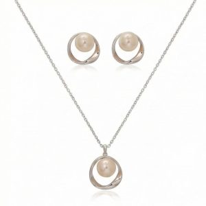 AGOR 925 Sterling Silver Modern Open Circle Pearl Chain Pendant and Earring Set Jewellery for Women