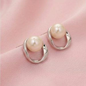 AGOR 925 Sterling Silver Modern Open Circle Pearl Chain Pendant and Earring Set Jewellery for Women