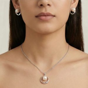 AGOR 925 Sterling Silver Modern Open Circle Pearl Chain Pendant and Earring Set Jewellery for Women