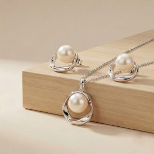 AGOR 925 Sterling Silver Modern Open Circle Pearl Chain Pendant and Earring Set Jewellery for Women